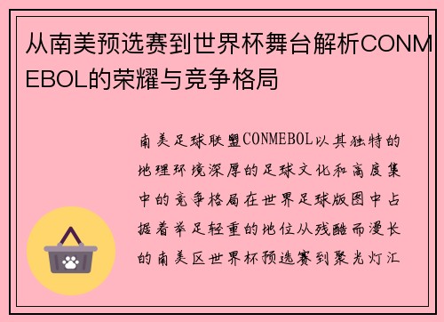 从南美预选赛到世界杯舞台解析CONMEBOL的荣耀与竞争格局 从南美预选赛到世界杯舞台解析CONMEBOL的荣耀与竞争格局